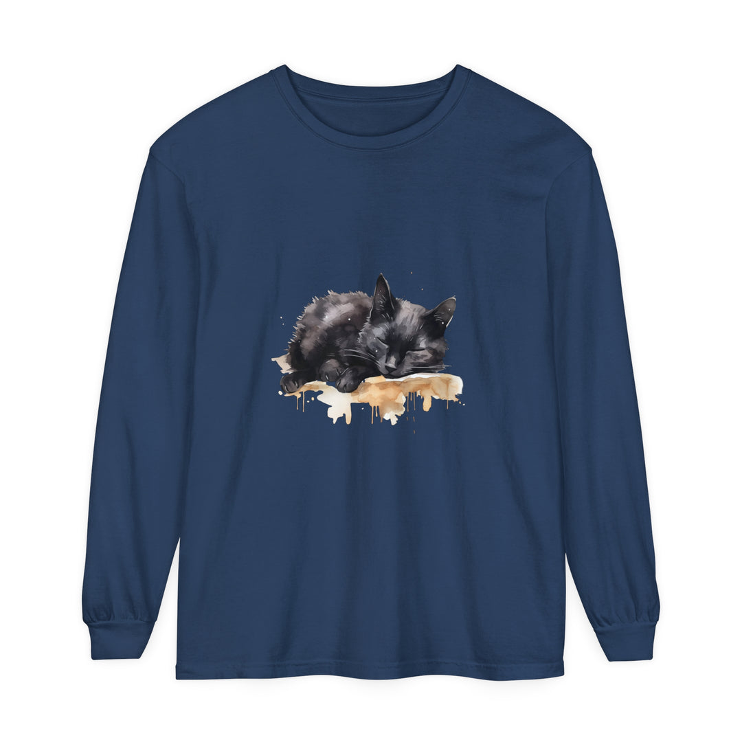 A stylish and charming watercolor illustration of a black cat sleeping on a t-shirt