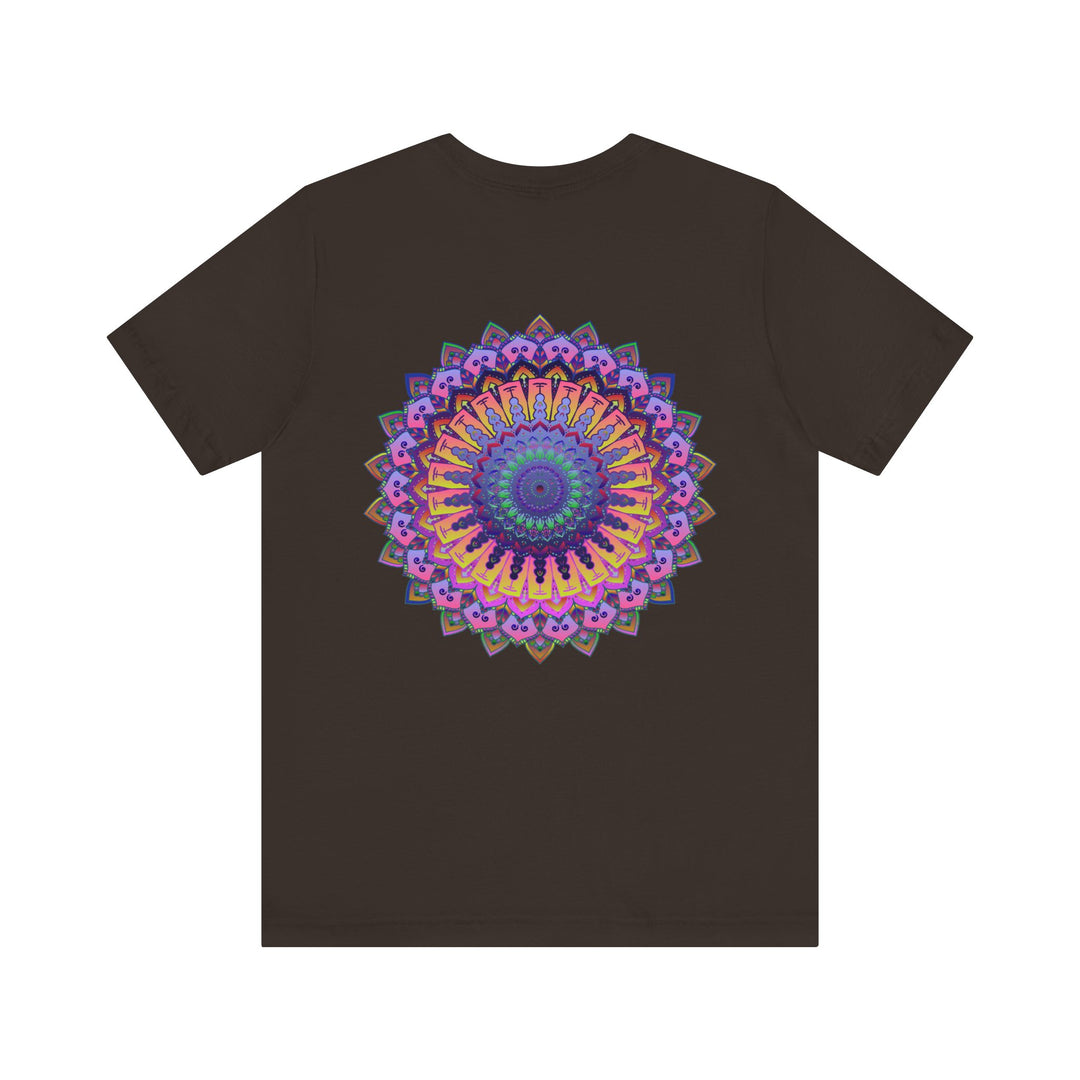 Colorful and intricate mandala design on a soft cotton t-shirt, representing spiritual peace and harmony for a vibrant and positive lifestyle