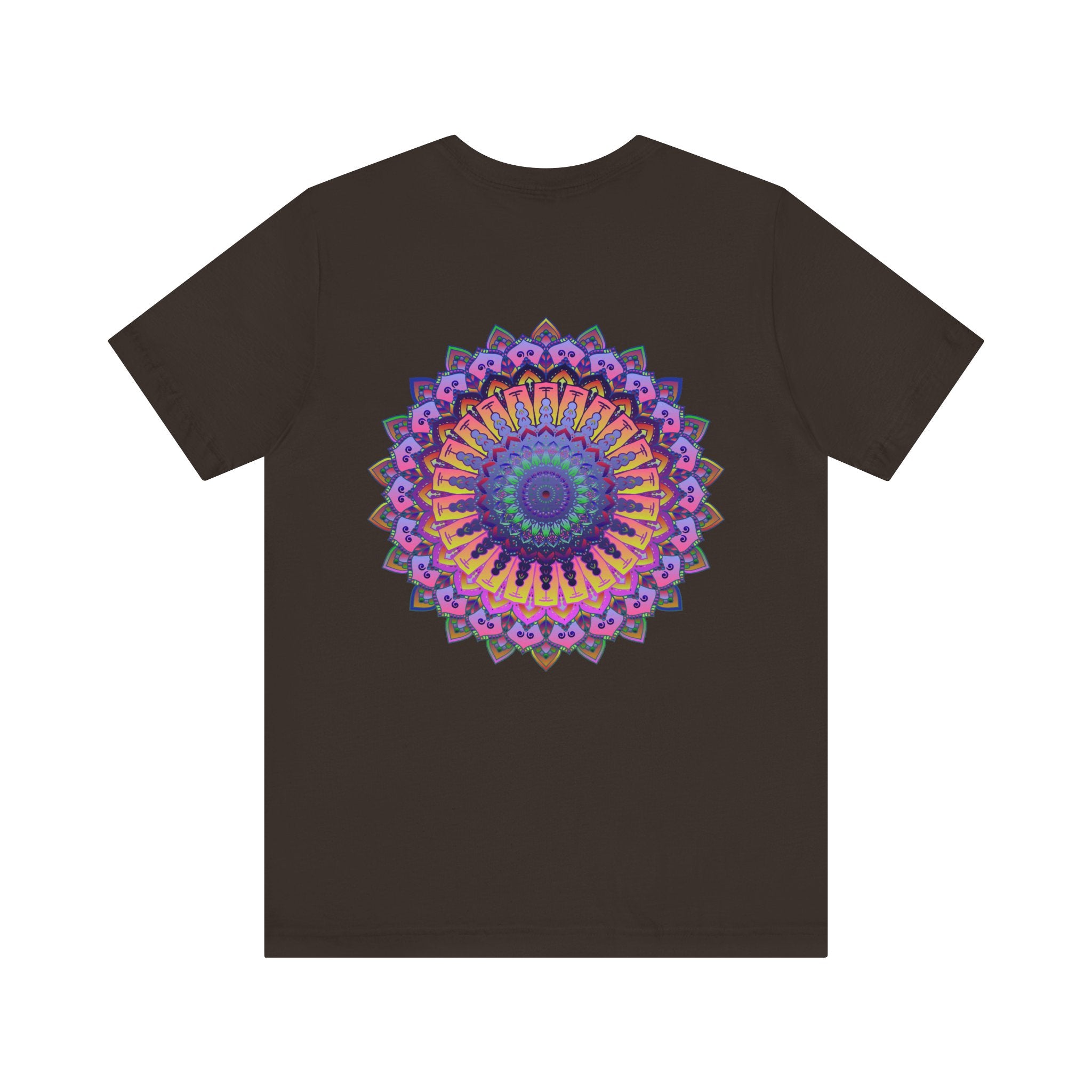 Colorful and intricate mandala design on a soft cotton t-shirt, representing spiritual peace and harmony for a vibrant and positive lifestyle