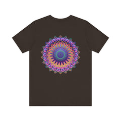Colorful and intricate mandala design on a soft cotton t-shirt, representing spiritual peace and harmony for a vibrant and positive lifestyle