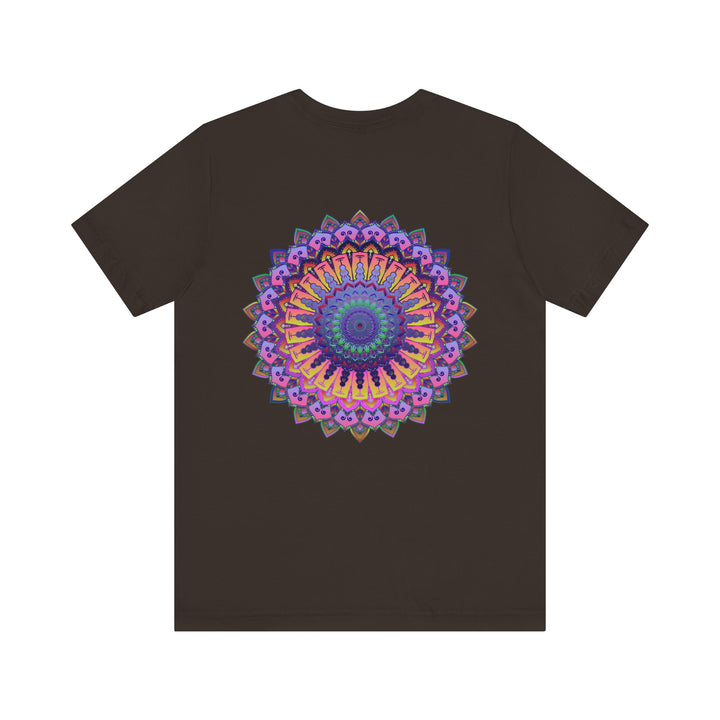 Colorful and intricate mandala design on a soft cotton t-shirt, representing spiritual peace and harmony for a vibrant and positive lifestyle