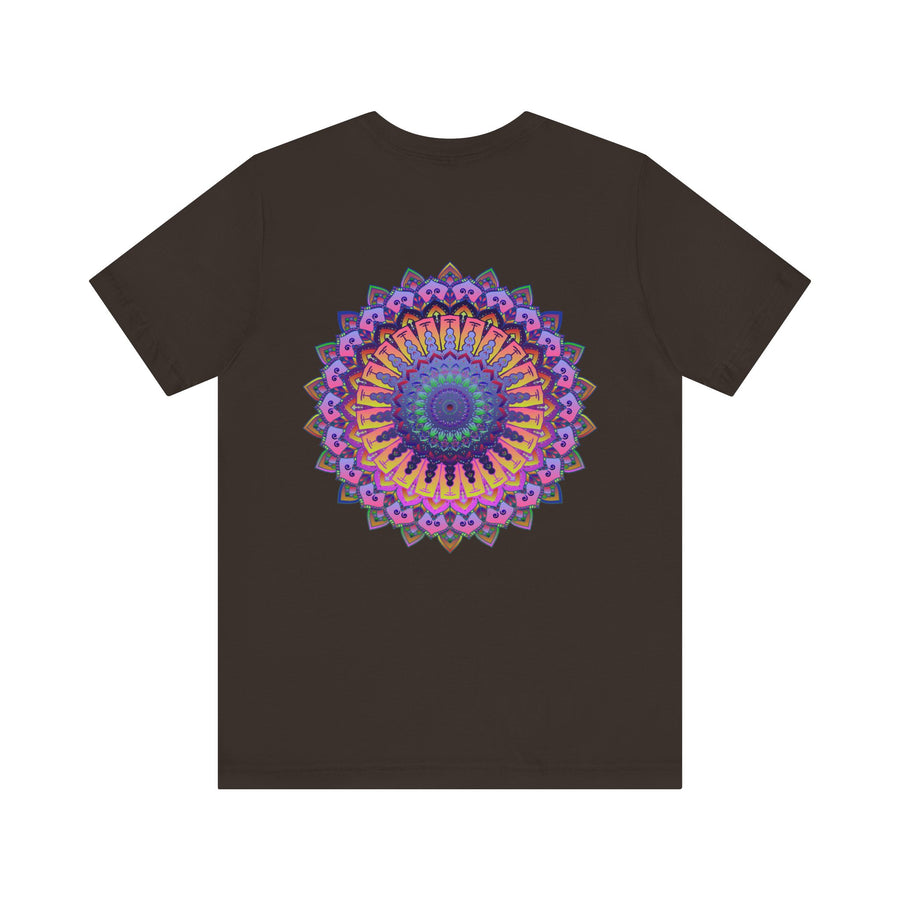 Colorful and intricate mandala design on a soft cotton t-shirt, representing spiritual peace and harmony for a vibrant and positive lifestyle