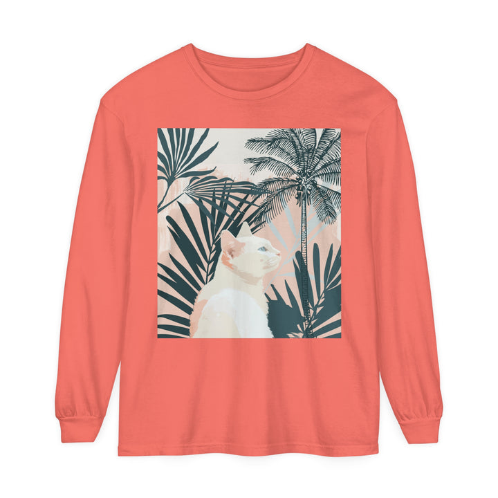 A long sleeve white cat tropical mandala t-shirt with vibrant design