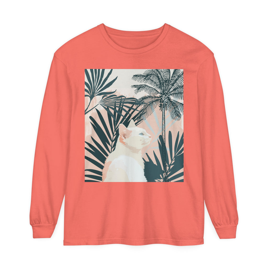 A long sleeve white cat tropical mandala t-shirt with vibrant design