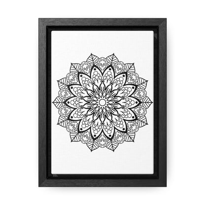 Handmade black and white mandala art on gallery canvas wraps, displayed in a vertical frame