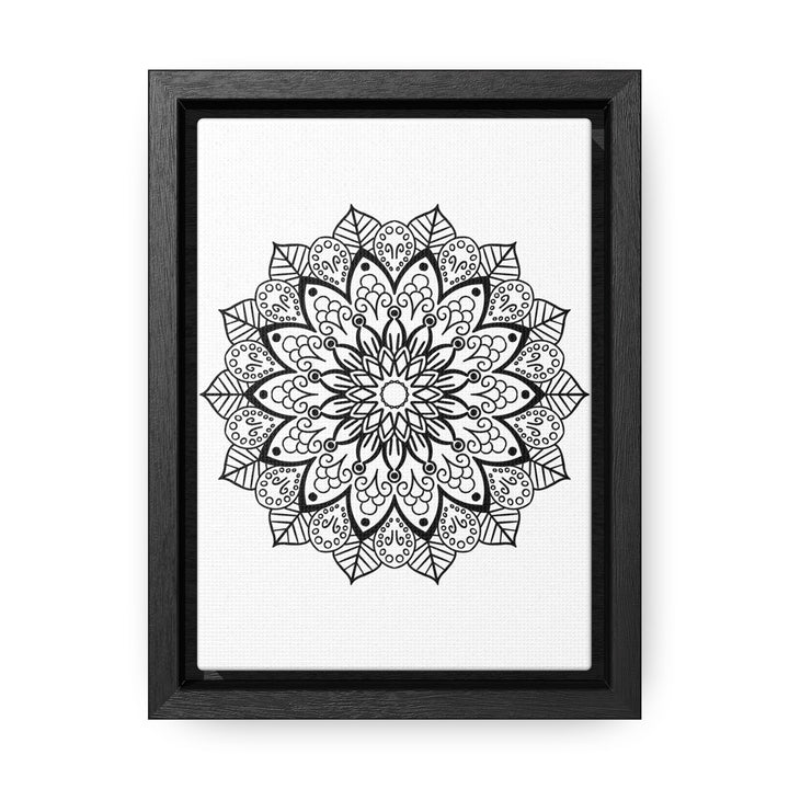 Handmade black and white mandala art on gallery canvas wraps, displayed in a vertical frame