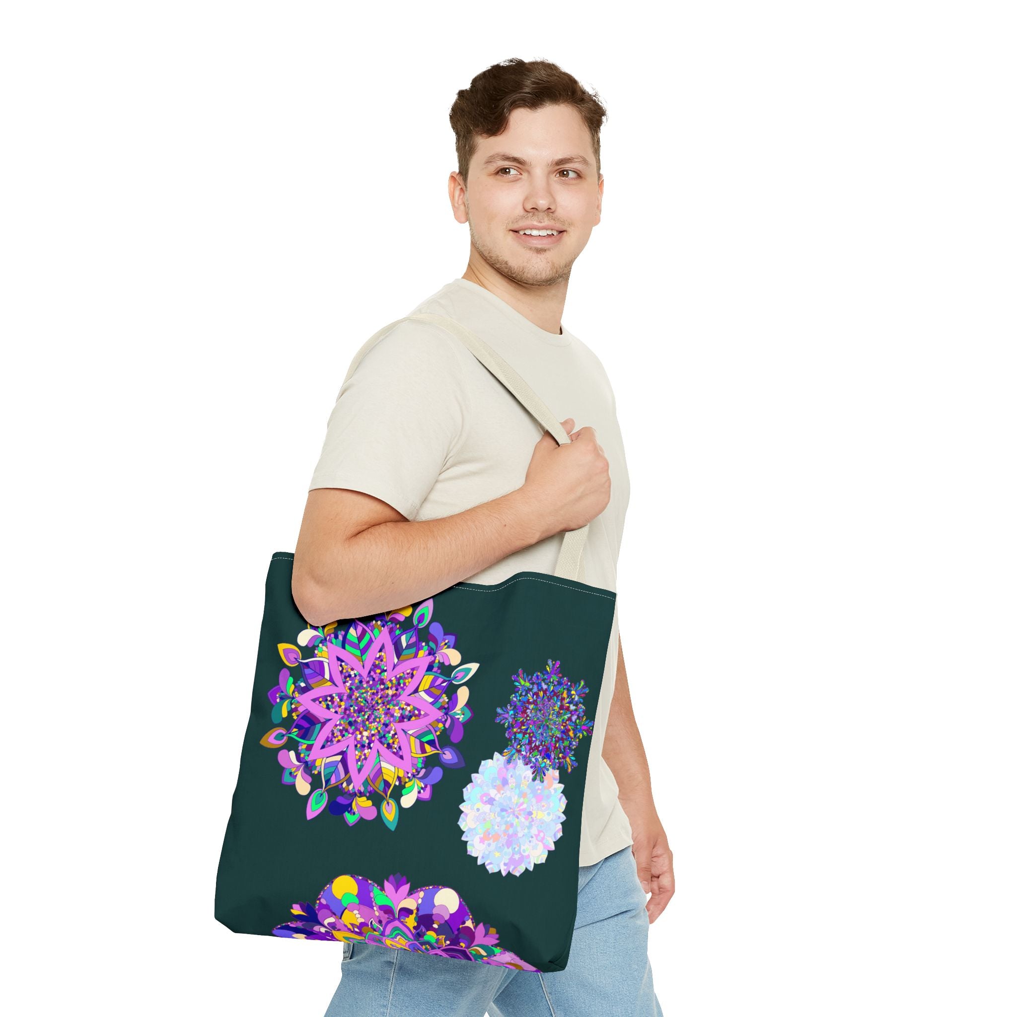 Colorful Mandala Tote Bag with intricate flower and geometric patterns, perfect for carrying books, groceries, and essentials