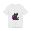 Schwarzes Katzenrätsel – Lila Farbspritzer-T-Shirt