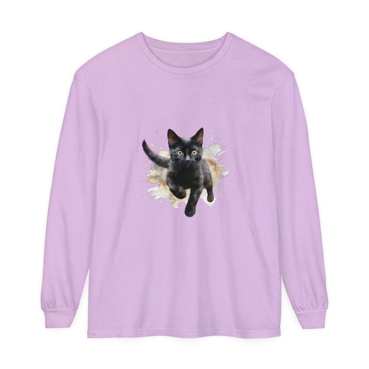 Beautiful black cat watercolor splash t-shirt with vibrant colors and playful design