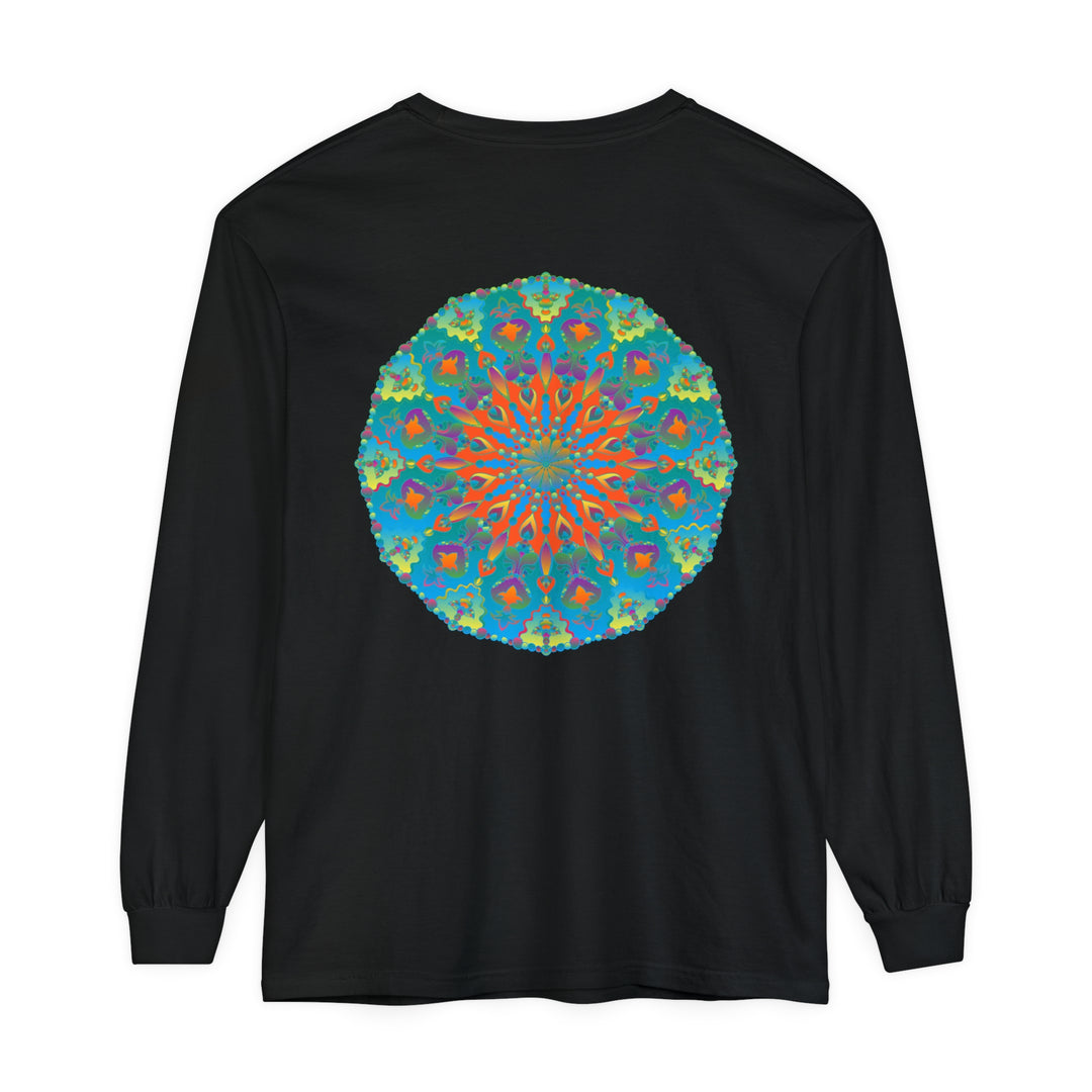 Colorful and intricate rainbow mandala design on a long sleeve t-shirt