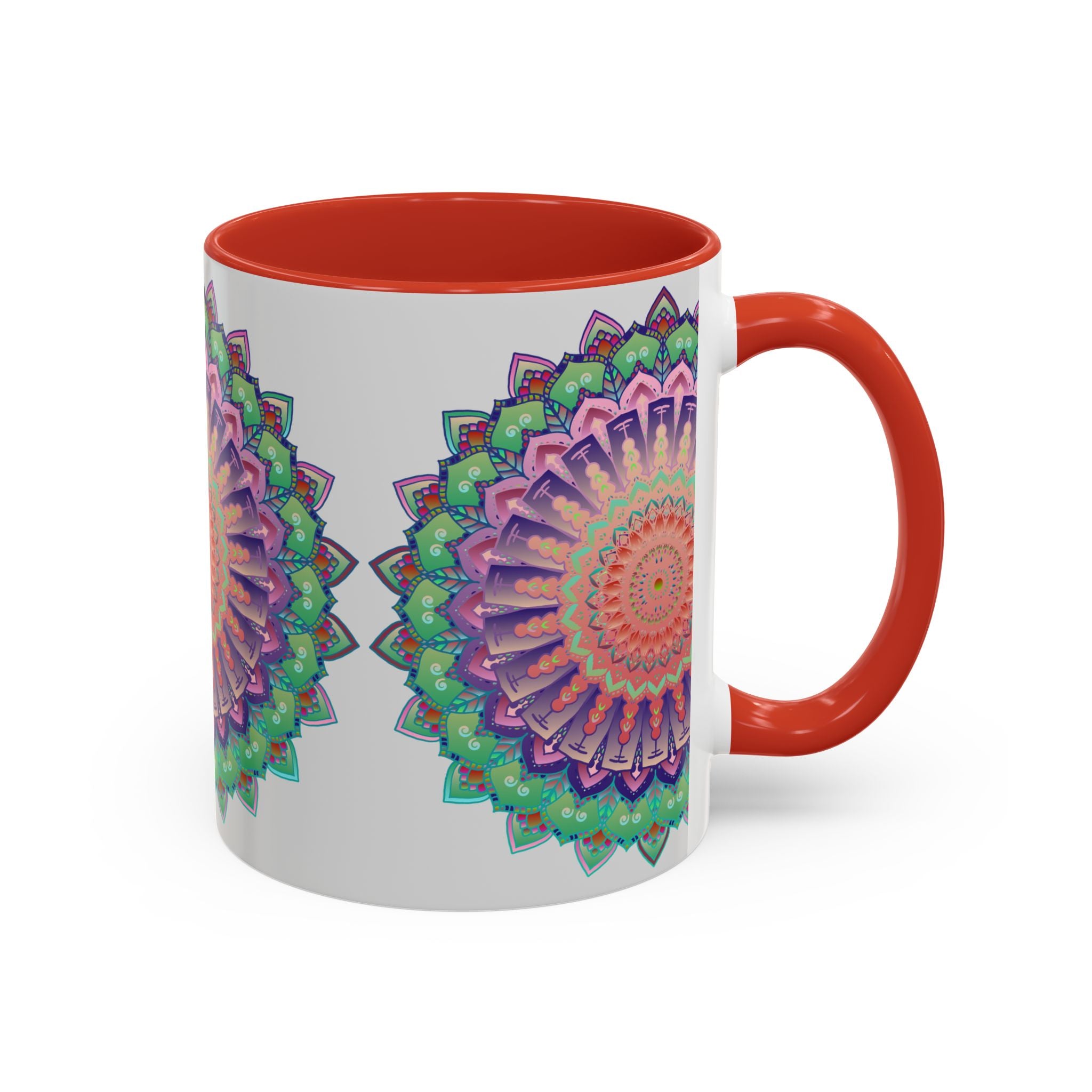 A vibrant and intricately designed mandala art mug with colorful floral patterns