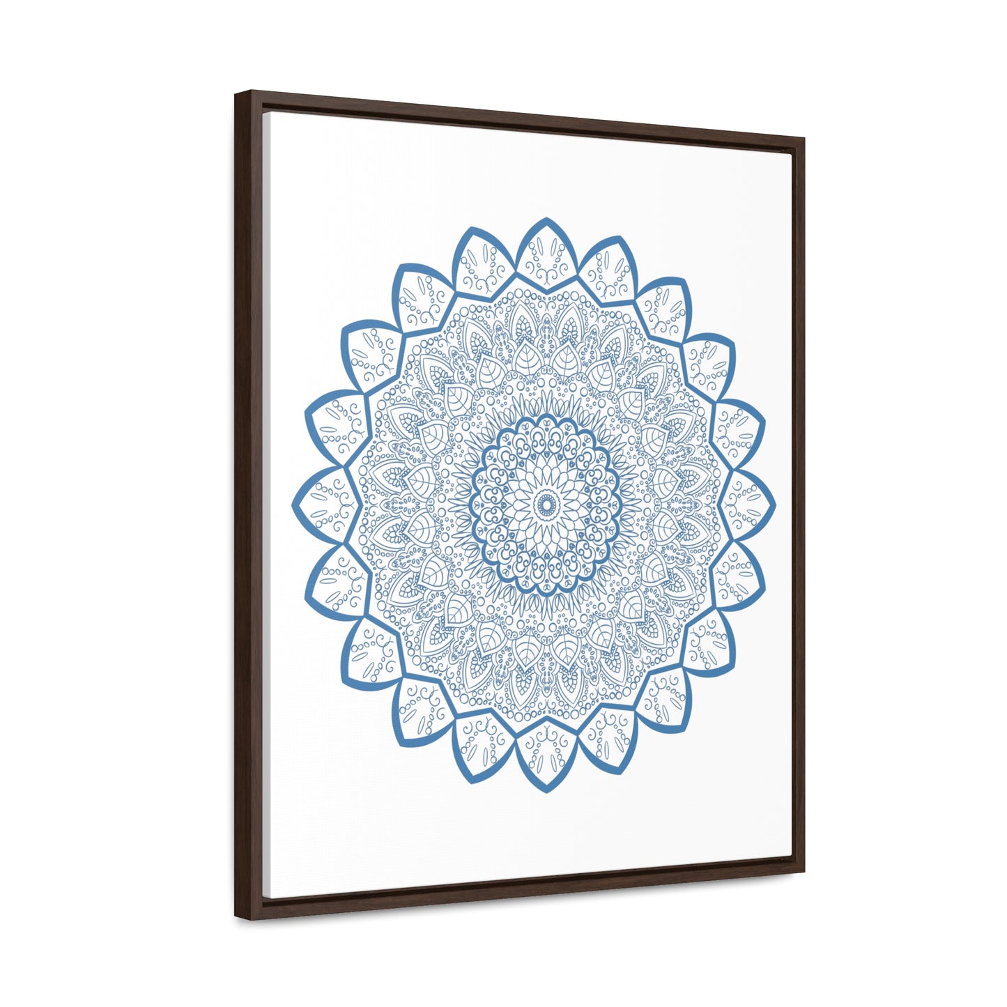 Beautiful handmade mandala design wall art in steel blue on gallery canvas wraps, displayed in a vertical frame