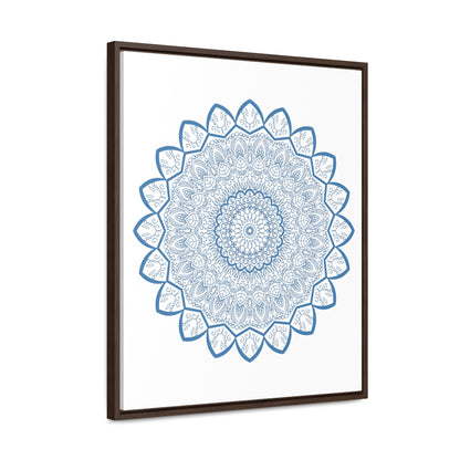 Beautiful handmade mandala design wall art in steel blue on gallery canvas wraps, displayed in a vertical frame