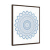 Beautiful handmade mandala design wall art in steel blue on gallery canvas wraps, displayed in a vertical frame