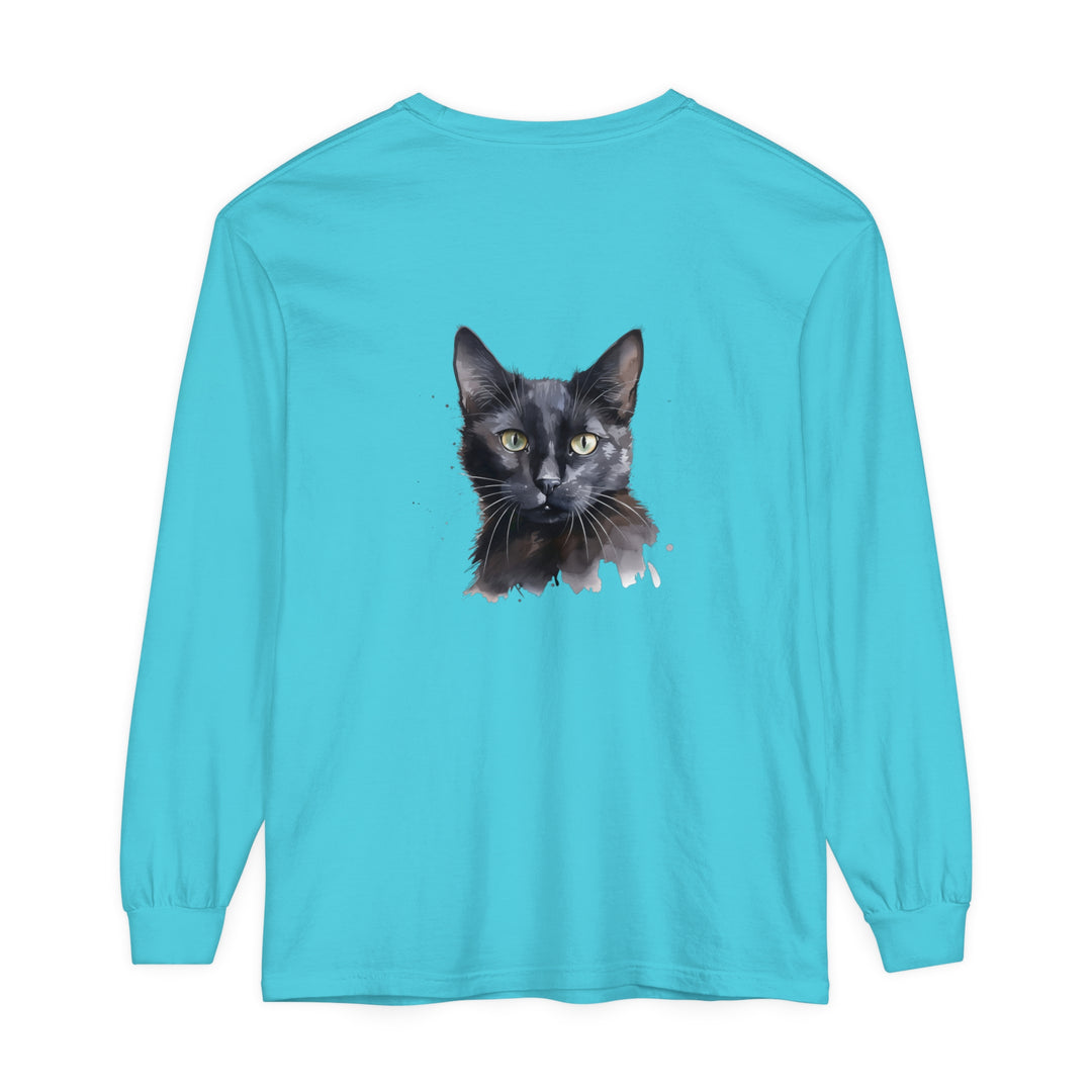 Black Cat Watercolor - Mystical Long Sleeve T-Shirt with vibrant watercolor design featuring a mysterious black cat