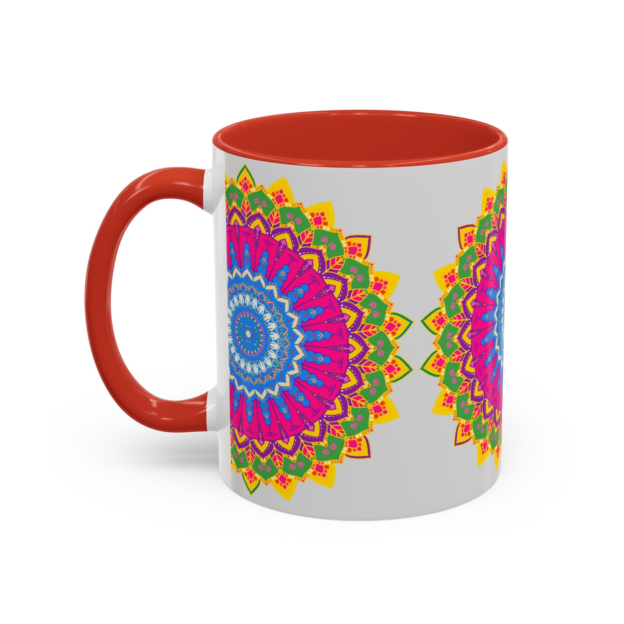 A vibrant and intricate mandala art mug with a colorful geometric design