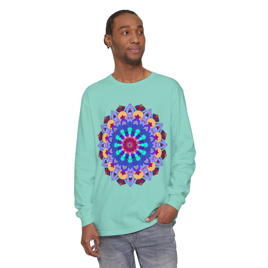 Colorful and intricate mandala design on long sleeve t-shirt for women