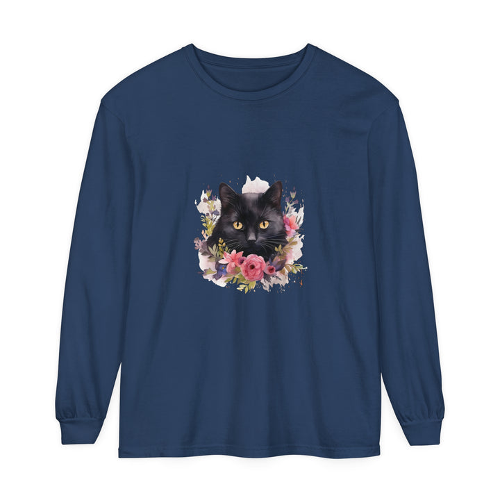 Black Cat Floral Watercolor Long Sleeve T-Shirt with vibrant hand-painted design