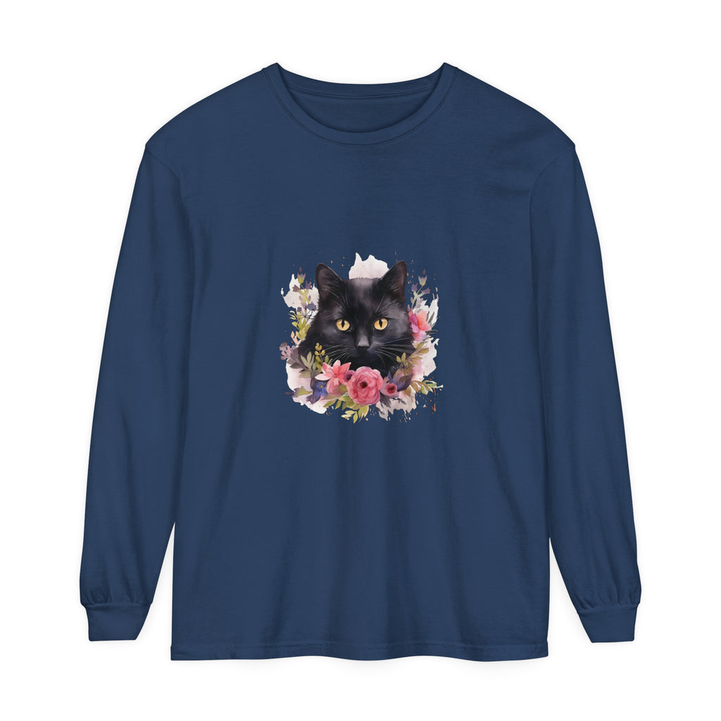 Black Cat Floral Watercolor Long Sleeve T-Shirt with vibrant hand-painted design