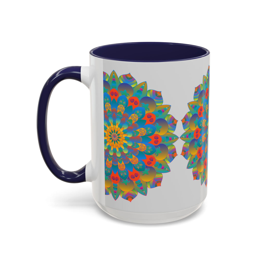 Handcrafted ceramic mug in vibrant yellow, orange, and blue with intricate mandala art design