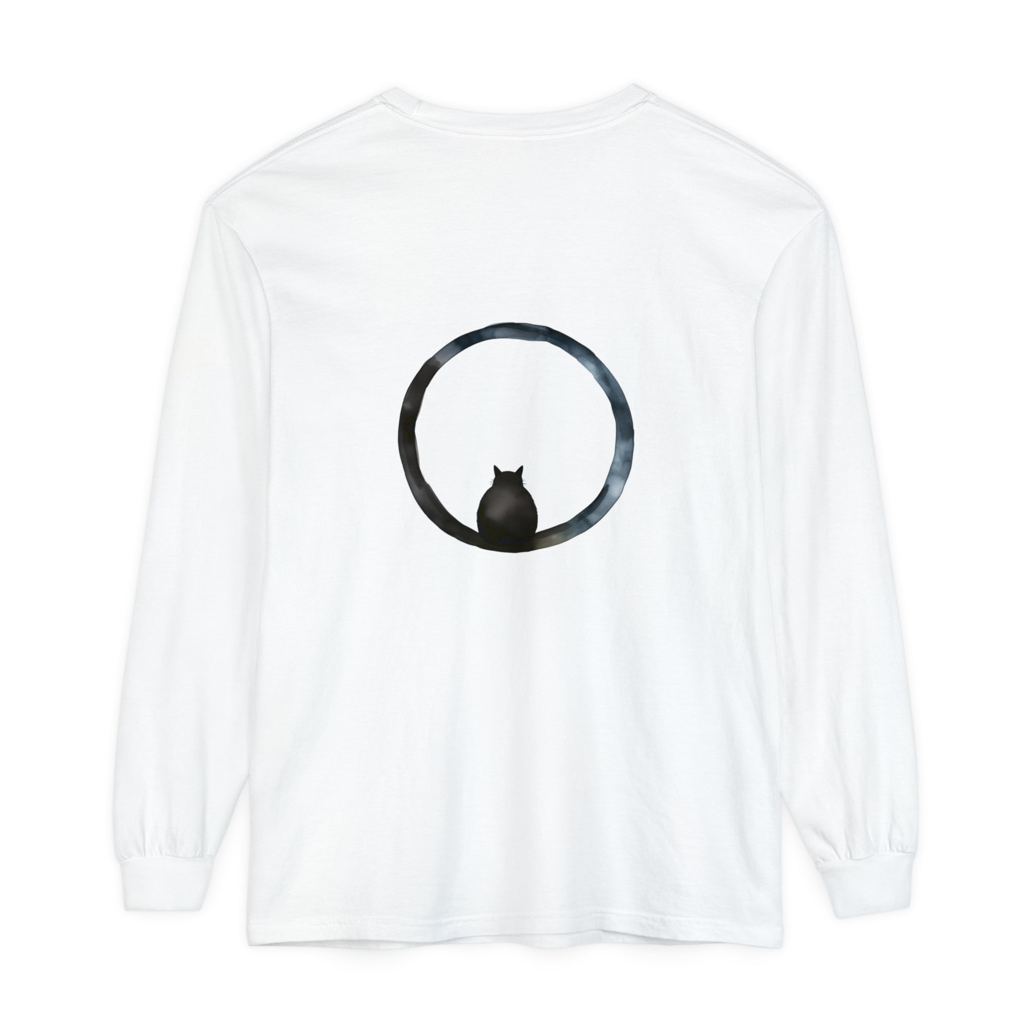 A close-up image of a black long sleeve t-shirt with a mesmerizing spherical design, suitable for both men and women