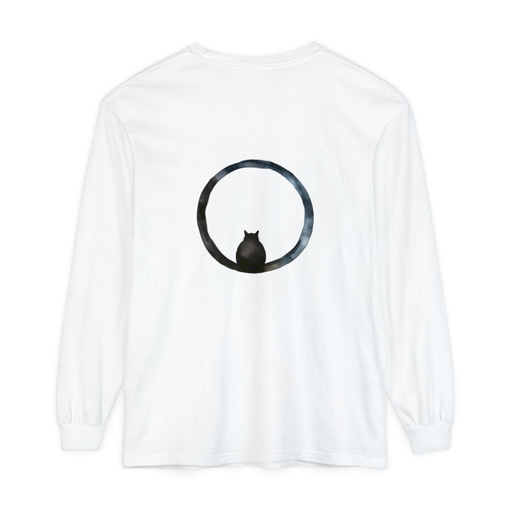 A close-up image of a black long sleeve t-shirt with a mesmerizing spherical design, suitable for both men and women