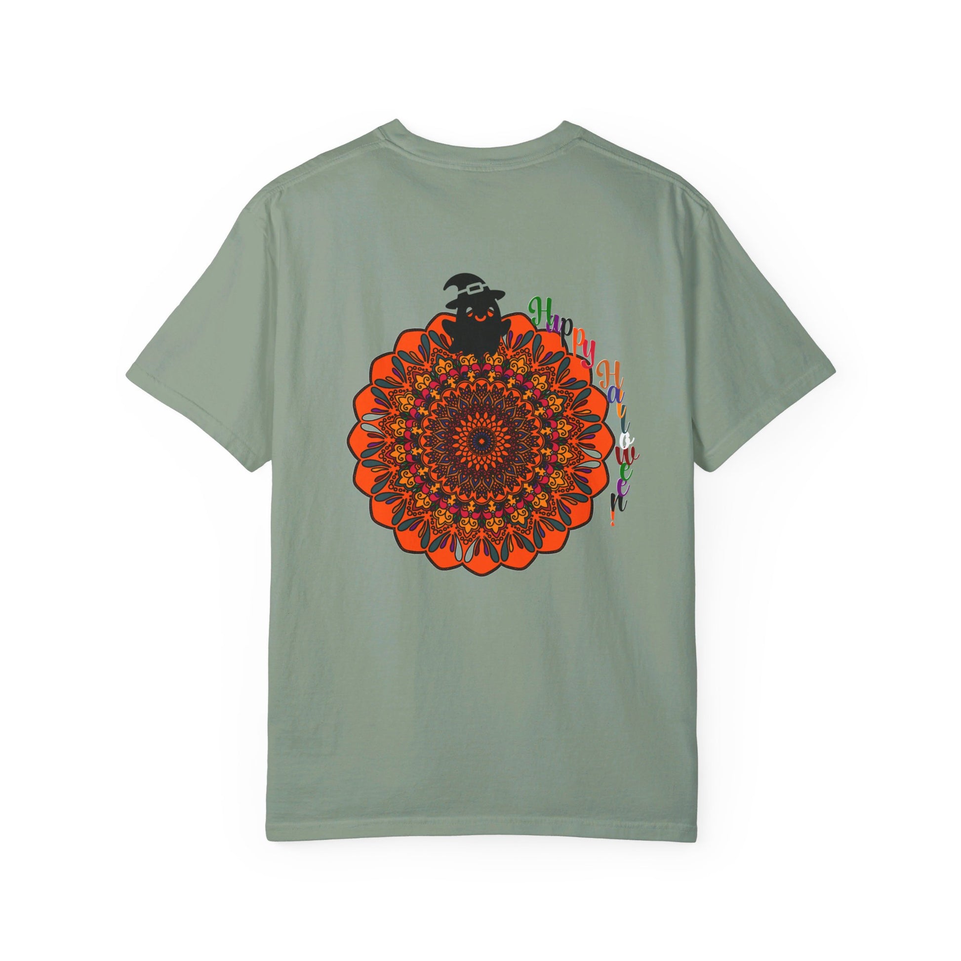 A unisex Halloween Mandala T-shirt featuring handcrafted pumpkin mandala art