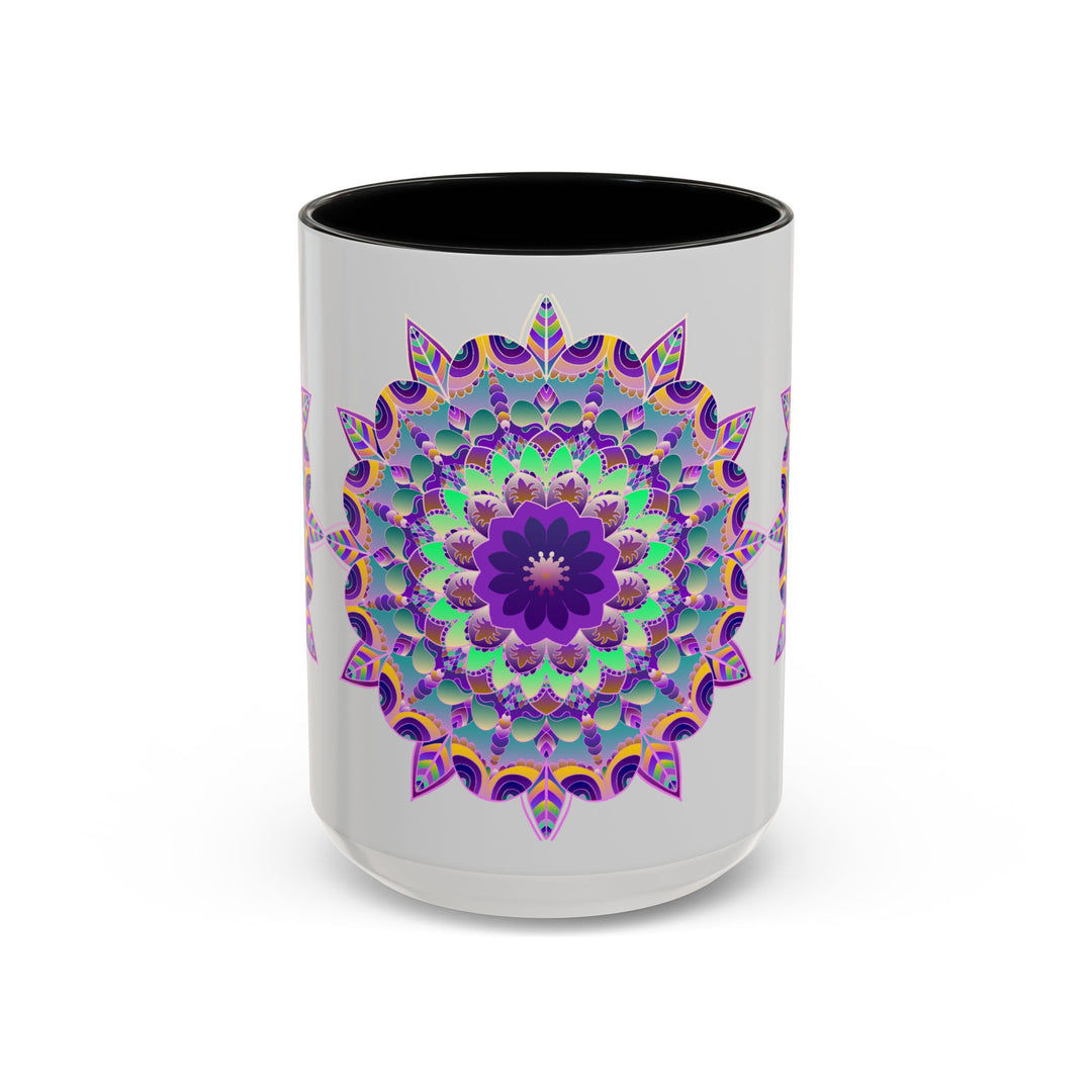 Beautiful light grey mug featuring a vibrant mandala art design