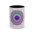 Beautiful light grey mug featuring a vibrant mandala art design