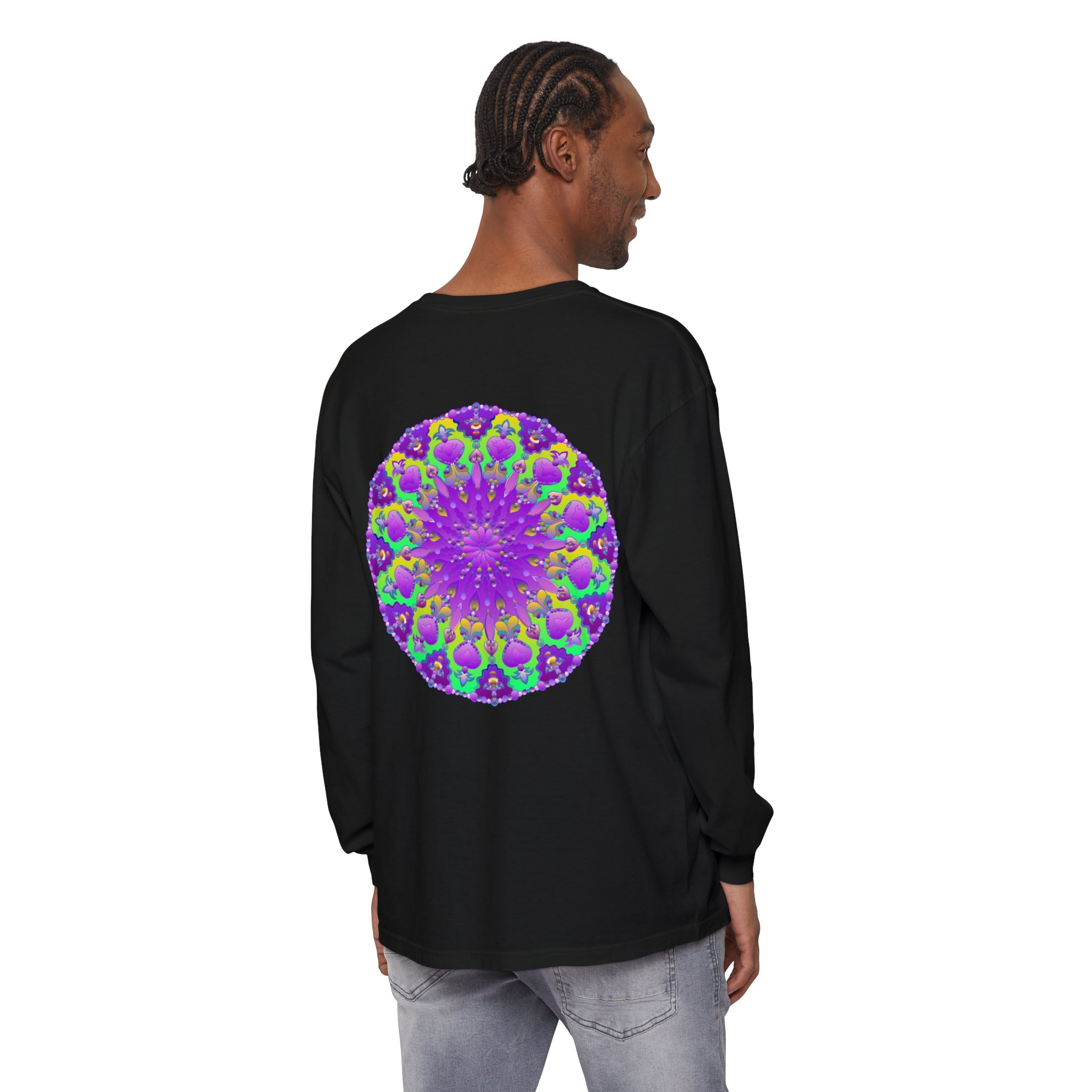 Beautiful purple and green mandala design long sleeve t-shirt on display