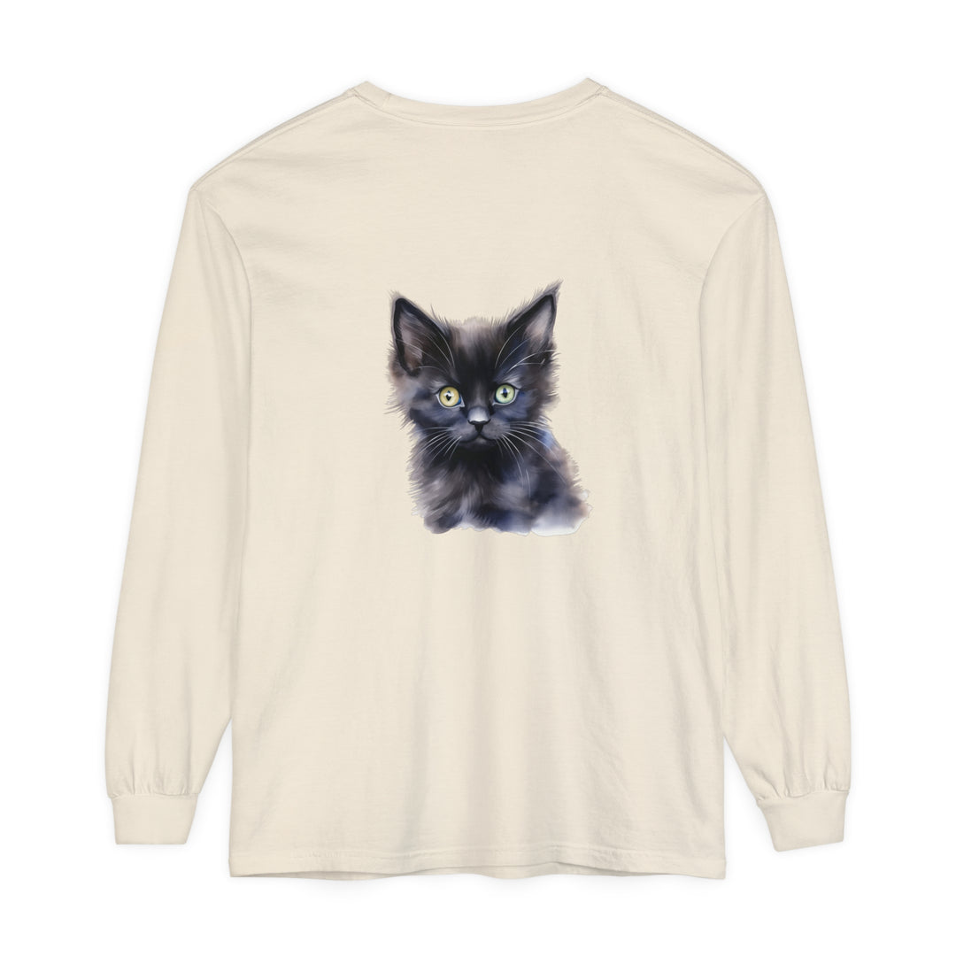 A close-up image of a black unisex long sleeve t-shirt with a mystical kitten design on the front