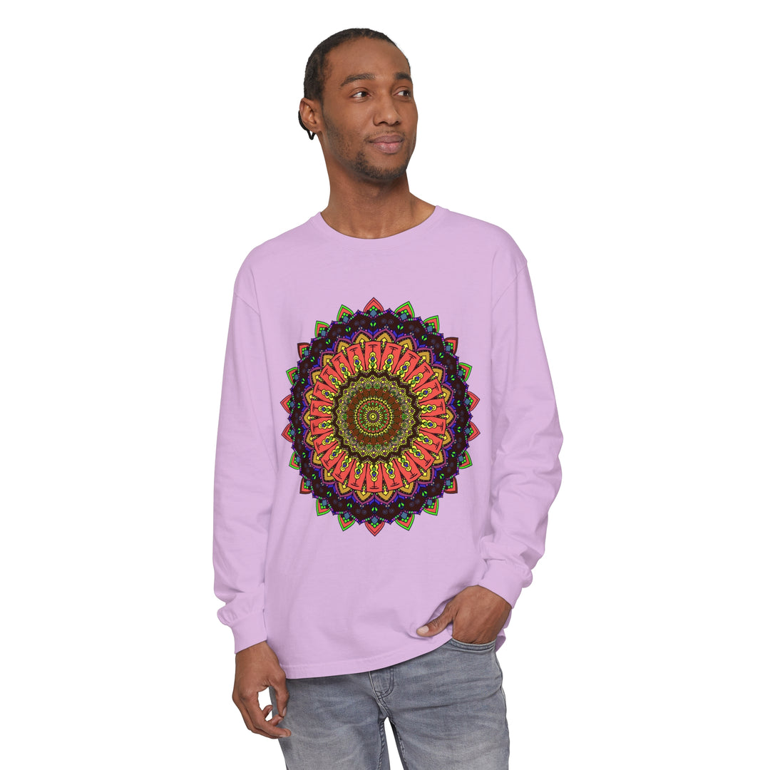 Vibrant and intricate mandala design on long sleeve t-shirt