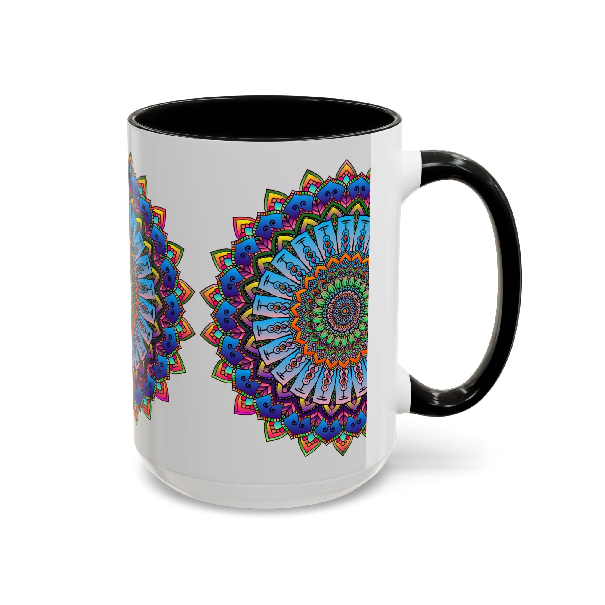 Vibrant Mandala Mug with Colorful Art featuring intricate design on a grey background