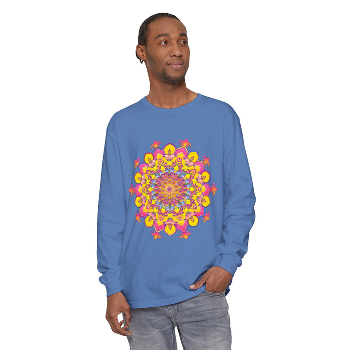 Colorful and intricate mandala design on a unisex long sleeve t-shirt