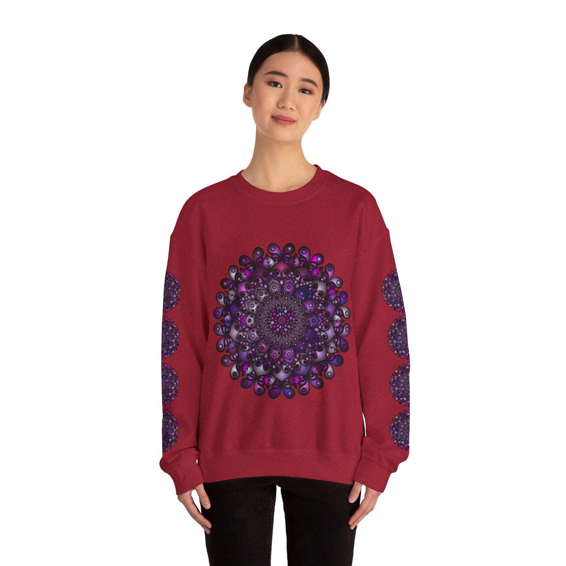 A cozy and stylish unisex Heavy Blend™ crewneck sweatshirt featuring a vibrant purple mandala design