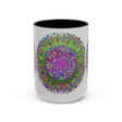 Colorful psychedelic mandala design on a grey mug with vibrant art