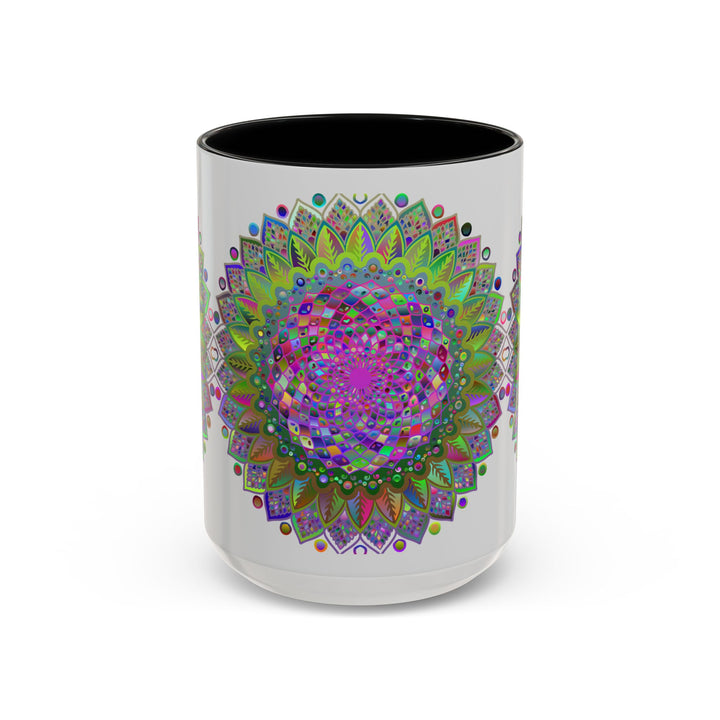 Colorful psychedelic mandala design on a grey mug with vibrant art