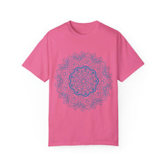 Unisex Mandala Tshirt in garment-dyed, handmade design, featuring intricate mandala art drawn by hand