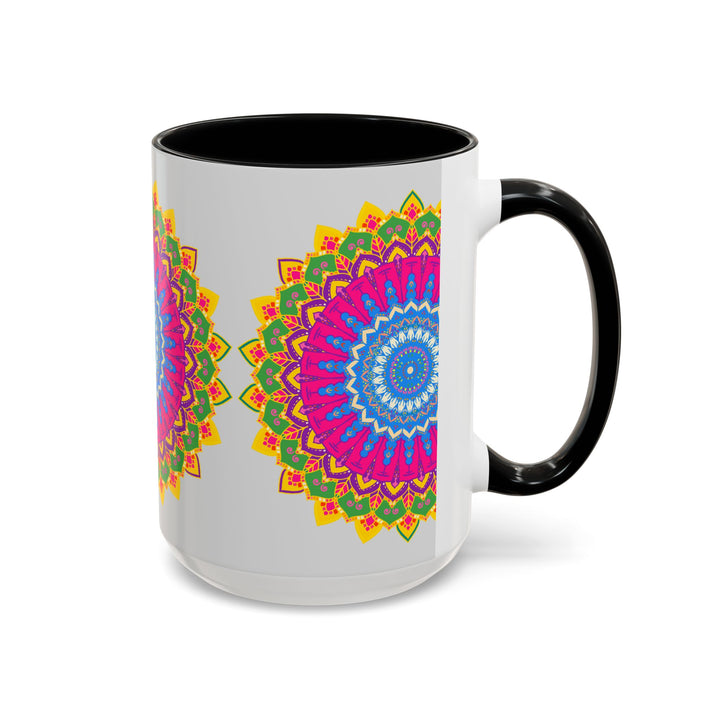 Colorful geometric design mandala art mug with intricate patterns and vibrant shades