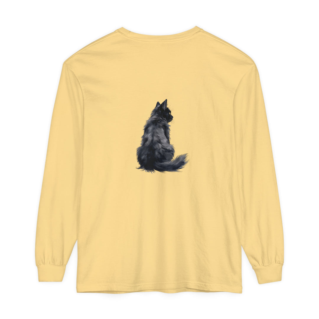 Woman wearing unisex long sleeve t-shirt with black cat silhouette