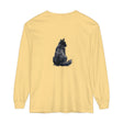 Woman wearing unisex long sleeve t-shirt with black cat silhouette