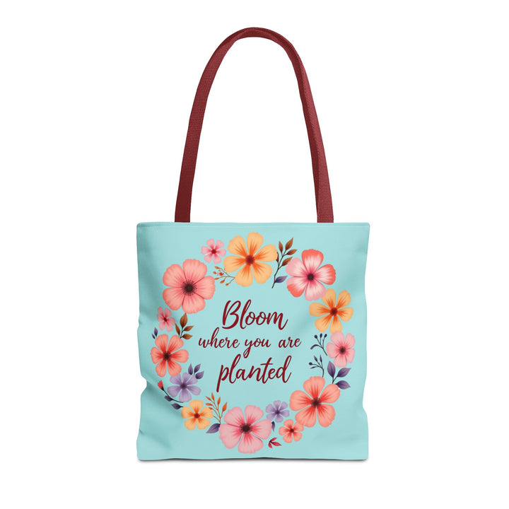 Beautiful floral tote bag with the inspiring quote 'Bloom Where You Are Planted' available in 3 different sizes