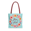 Beautiful floral tote bag with the inspiring quote 'Bloom Where You Are Planted' available in 3 different sizes