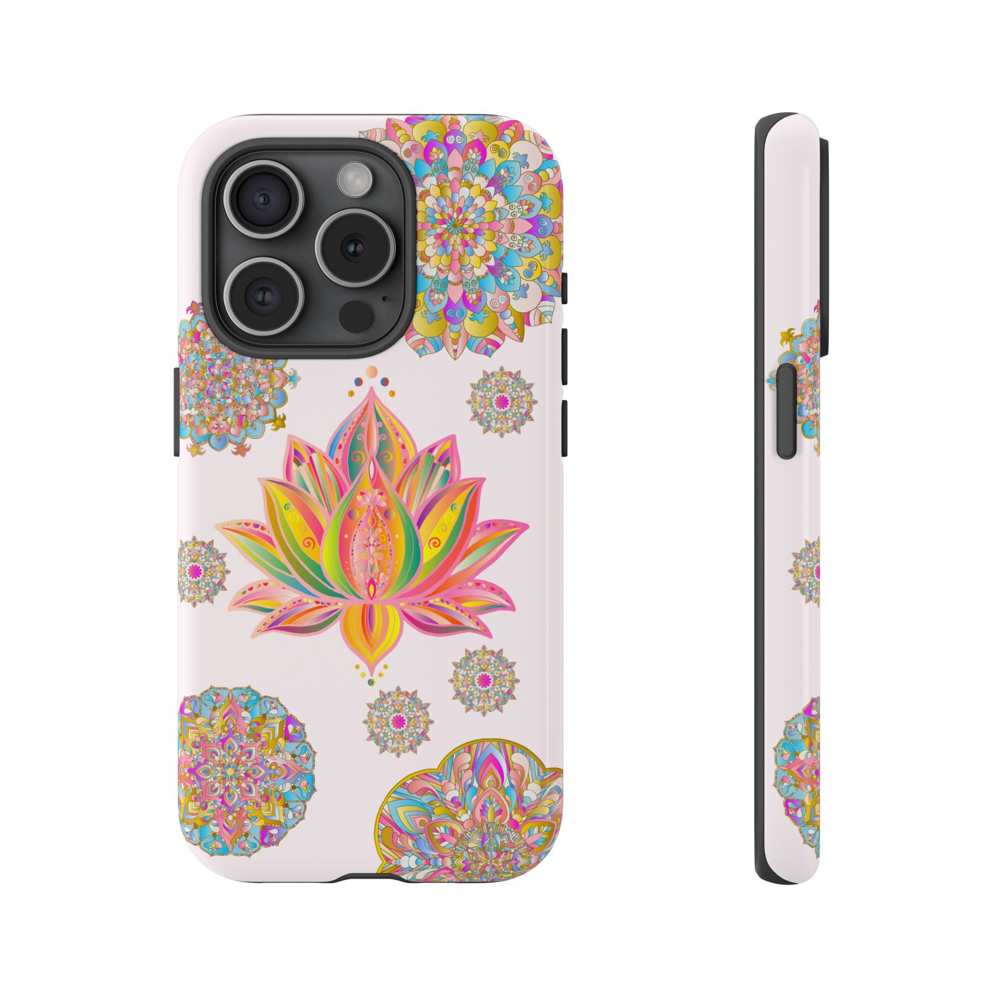 Beautiful light pink phone case with intricate mandala lotus flower design