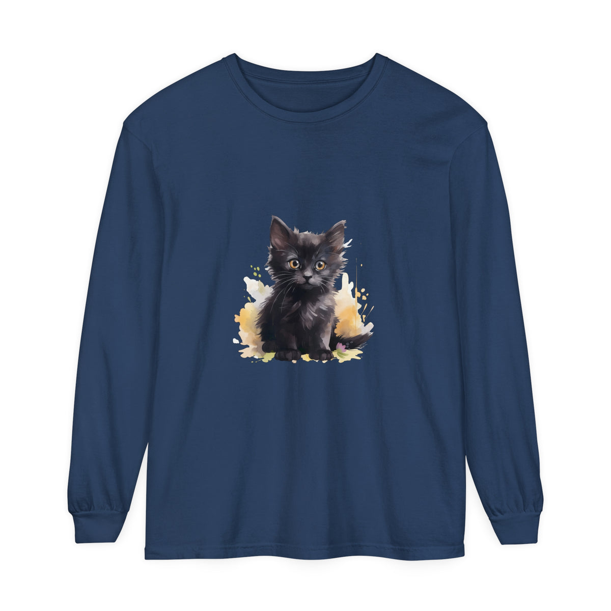 A vibrant and playful watercolor splash design featuring a cute black kitten on a t-shirt