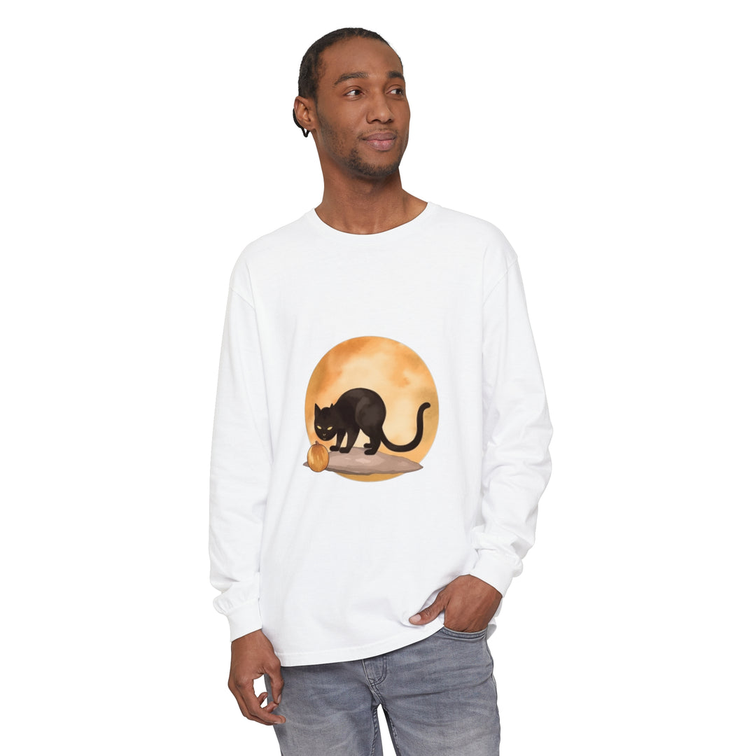 Black cat with arched back sitting on a rooftop under a full moon, printed on a Halloween-themed t-shirt