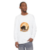 Black cat with arched back sitting on a rooftop under a full moon, printed on a Halloween-themed t-shirt