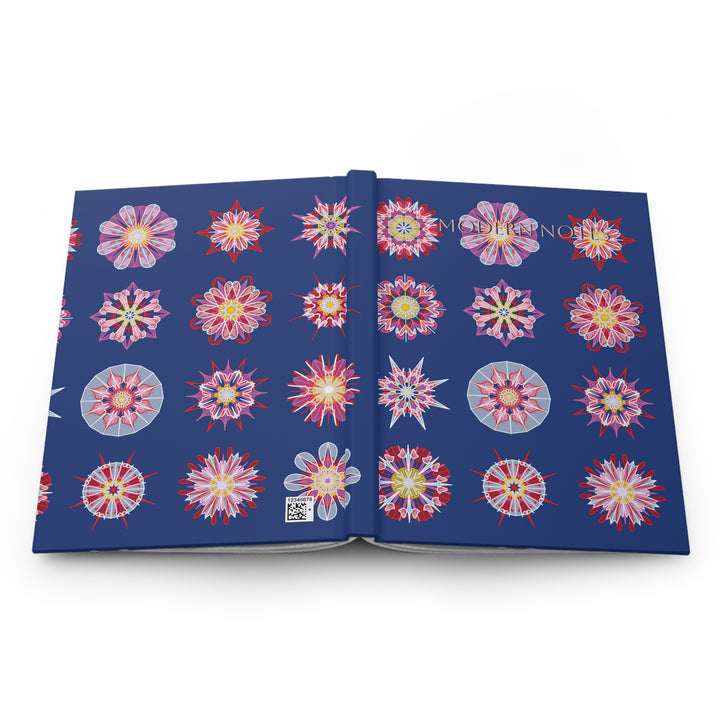Hardcover Journal — Blue Geometric Mandala on Red (Nordic Chic)
