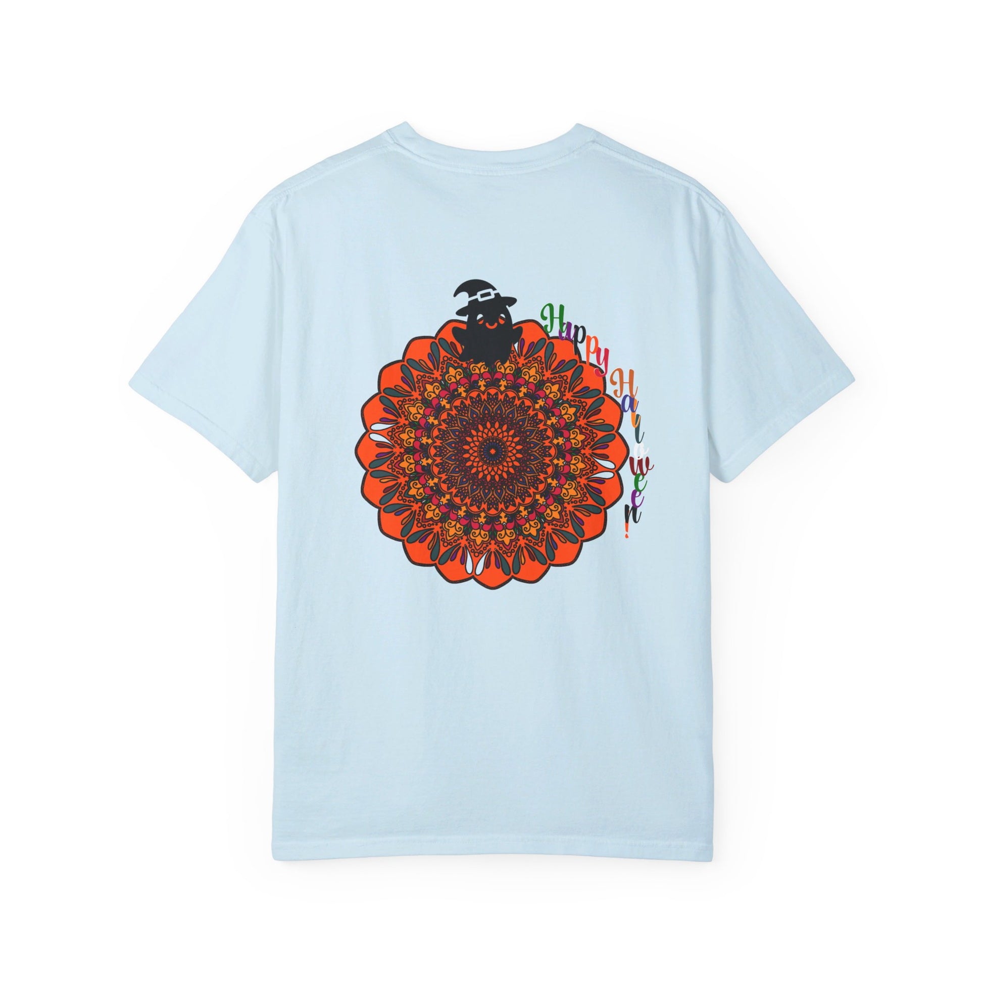 Unisex Halloween mandala t-shirt with handmade pumpkin art, garment-dyed tee