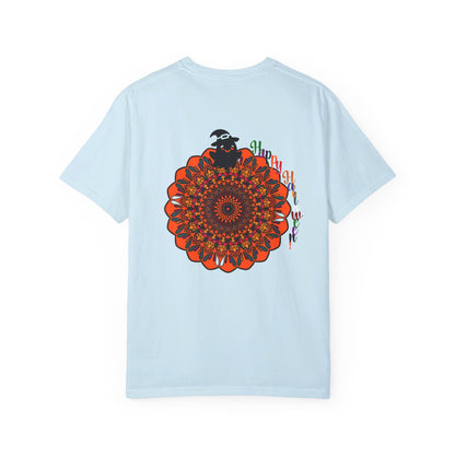 Unisex Halloween mandala t-shirt with handmade pumpkin art, garment-dyed tee